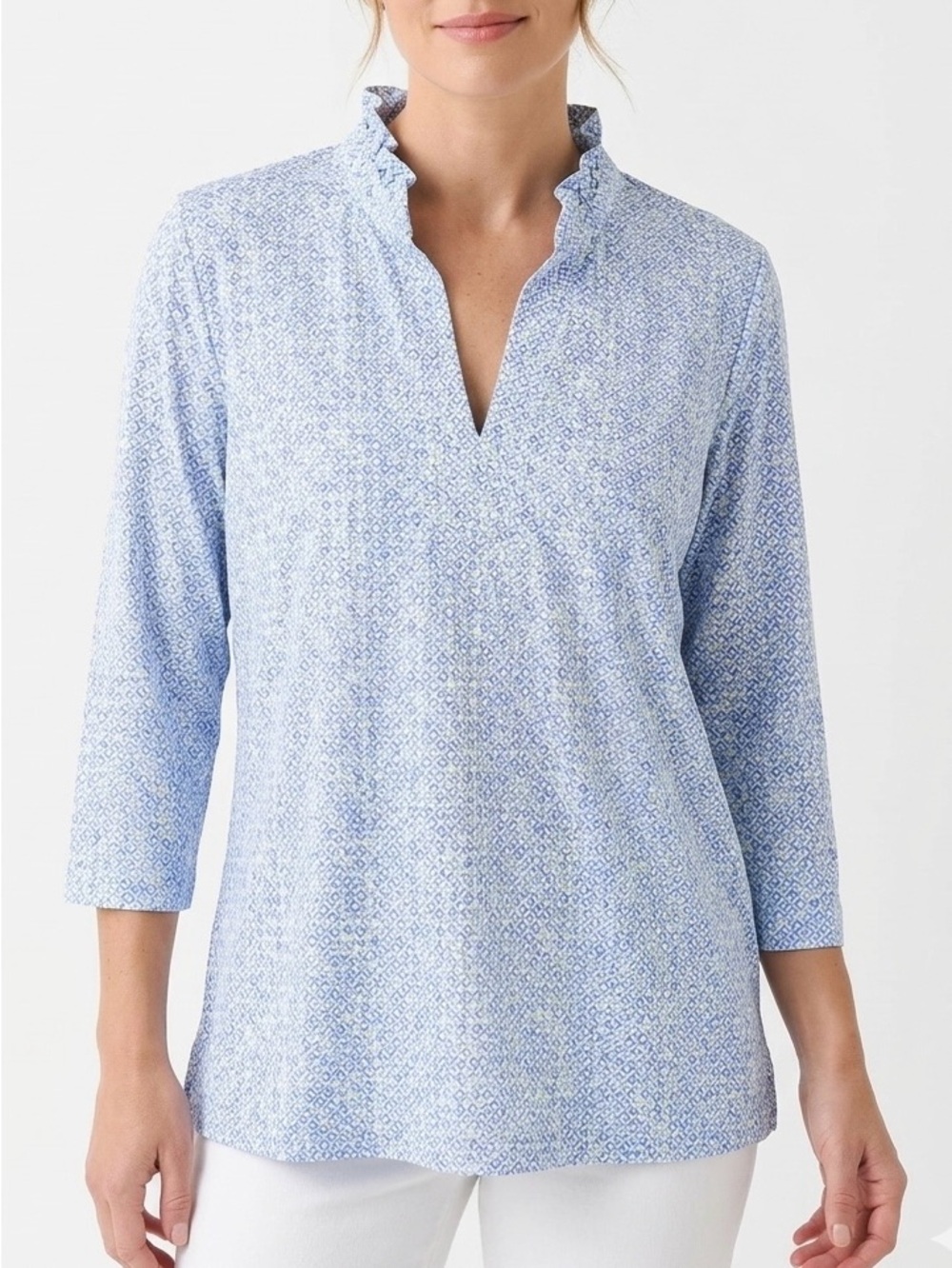 J.McLaughlin Durham Catalina Cloth Ruffle Top XL Blue Mosaic Resortwear Preppy